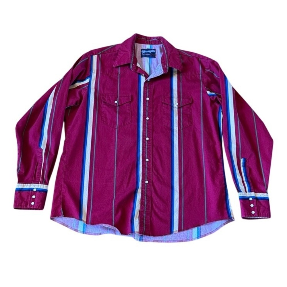 Vintage Wrangler Western Brush Popper Pearl Snap Shirt Striped  Rodeo Burgundy